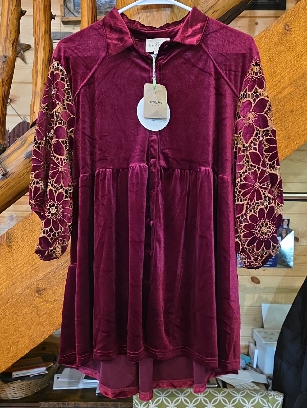 Umgee Velvet Burgundy Dress with Gold Lace Sleeves
